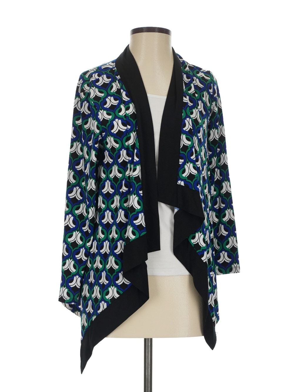 Kasper Blue Green White Patterned Open-Front cardigan